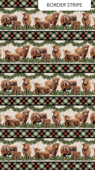 Cotton Highland Heart Highland Cow Calf Christmas Pinecone Holly Plaid Wood Northcott Cotton Fabric Print by the Yard (DP28046-99)