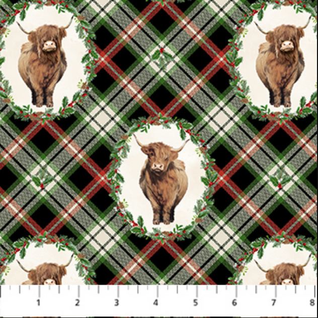 Cotton Highland Heart Highland Cow Plaid Christmas Season Holiday Holly Northcott Cotton Fabric Print by the Yard (DP28047-99)