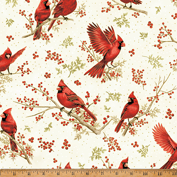Cotton Berries and Birch Cardinals Birch Trees Birds Branches Hoffman California Fabrics White Cotton Fabric Print by the Yard (X7796-20G-NATURAL/GOL)