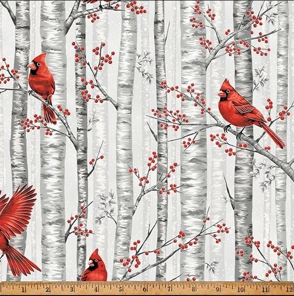 Cotton Berries and Birch Trees Cardinals Birds Hoffman California Fabrics Fog Silver Cotton Fabric Print by the Yard (X7794-483S-FOG/SILVER)