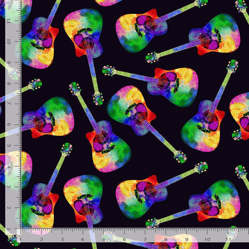 Cotton Tossed Painted Guitar Rainbow Guitar Watercolor Bright All Over on Black Timeless Treasures Cotton Fabric Print by the Yard (MUSIC-CD3674)