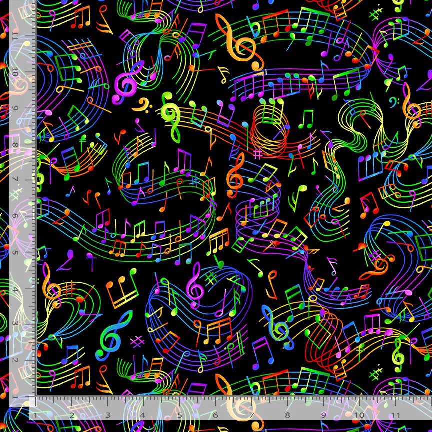 Cotton Tossed Painted Guitar Rainbow Colorful Bright All Over on Black Timeless Treasures Cotton Fabric Print by the Yard (MUSIC-CD3675)