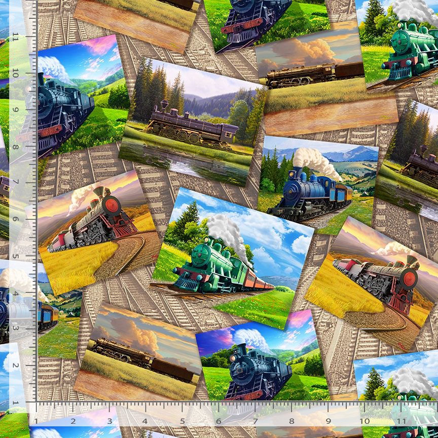 Cotton Trains Postcard and Track Trains Railroad Travel Transportation Timeless Treasures Cotton Fabric Print by the Yard (MICHAEL-CD3738)