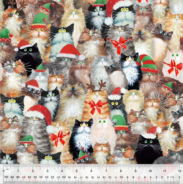 Cotton Meowy Christmas Christmas Cats With Hats Bows All Over Windham Fabrics Cotton Fabric Print by the Yard (54484-3)