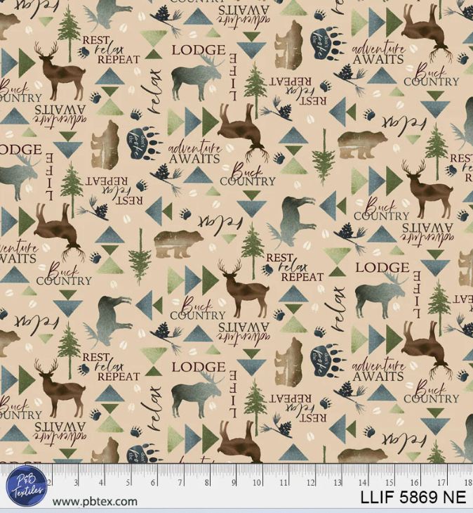 Cotton Lodge Life Adventure Deer Moose Bears Pine Trees Outdoor P&B Textiles Cotton Fabric Print by the Yard (05869-NEXXXXXX)