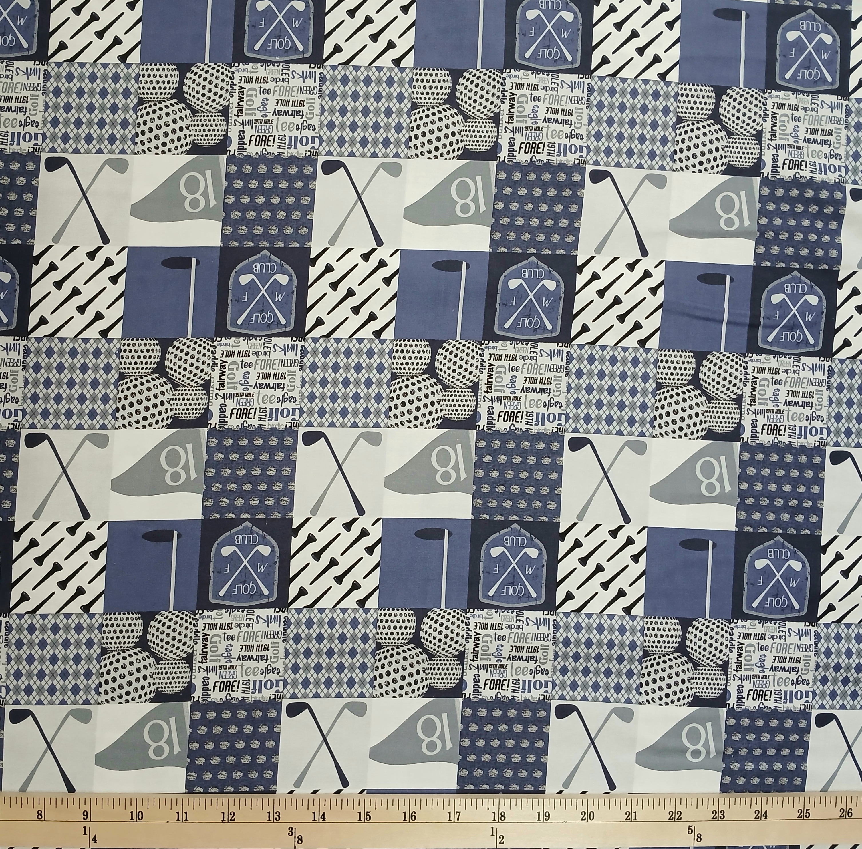 Cotton Golf Patchwork 9 Iron Golf Club Ball Hole Flag Blue Squares Tees Mook Fabrics Cotton Fabric Print by the Yard (CA61220)