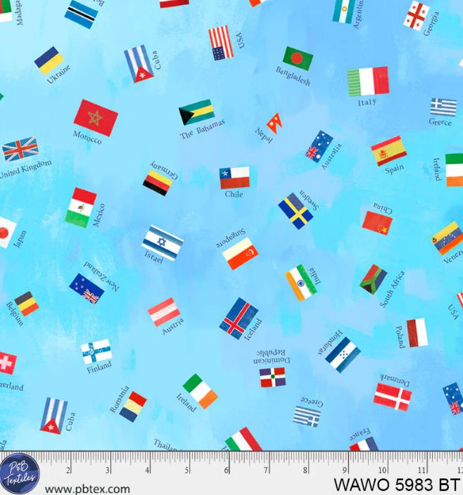 Cotton What a World Flag Toss Flags Countries All Over on Blue P&B Textiles Cotton Fabric Print by the Yard (WAWO-05983-BT)