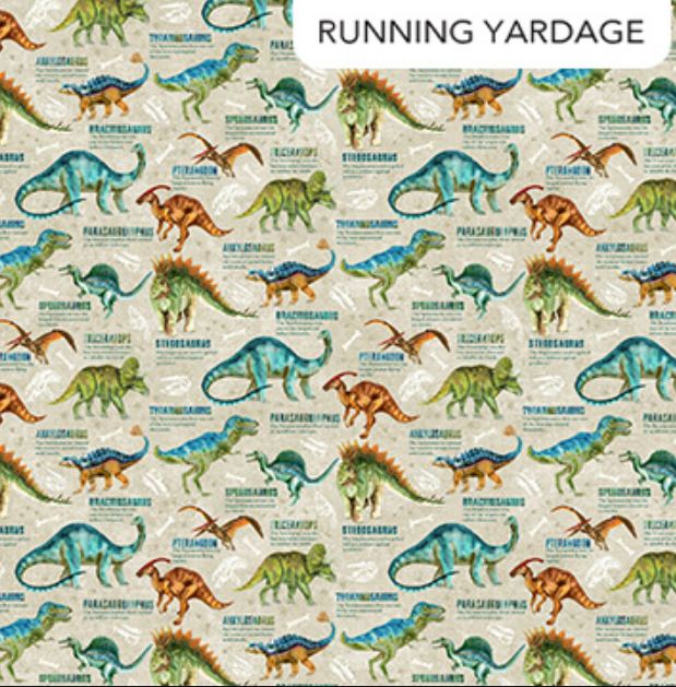 Cotton Dino Roar Dinosaurs Extinct Words T-Rex All Over on Beige Northcott Cotton Fabric Print by the Yard (DP28461-12)