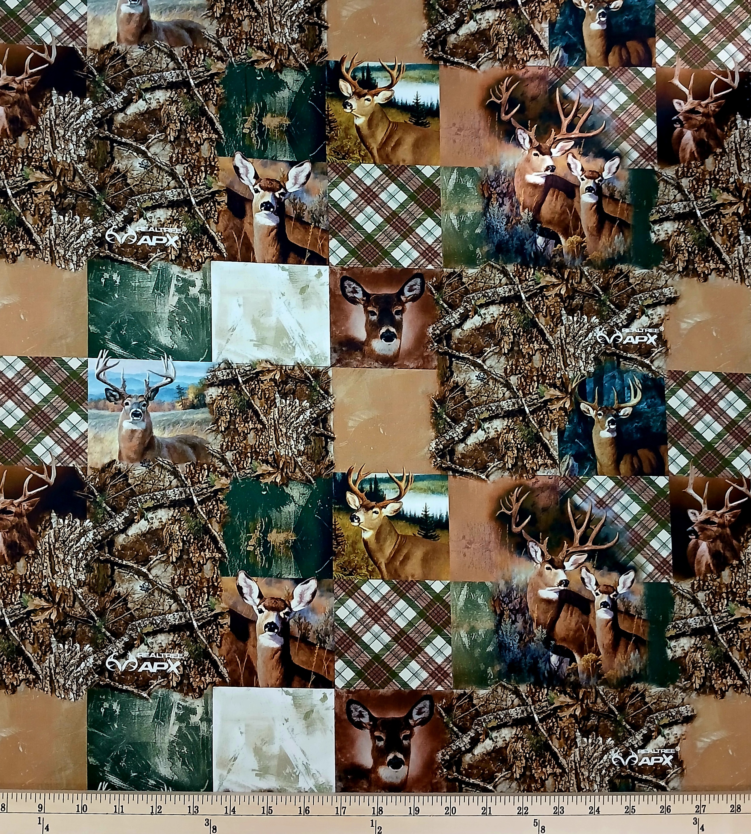 Cotton Realtree APX Forest Deer Bucks Does Hunting Animals Patches Plaid Officially Licensed by Sykel Enterprises Cotton Fabric Print by the Yard (10533)