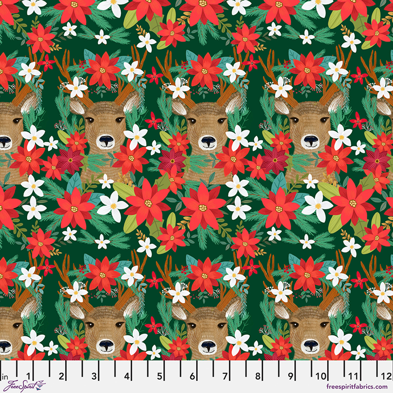 Cotton Christmas Cabin by Mia Charro Reindeer Revelry Poinsettias Flowers Floral Winter Free Spirit Cotton Fabric Print by the Yard (PWMC087-XMULTI)