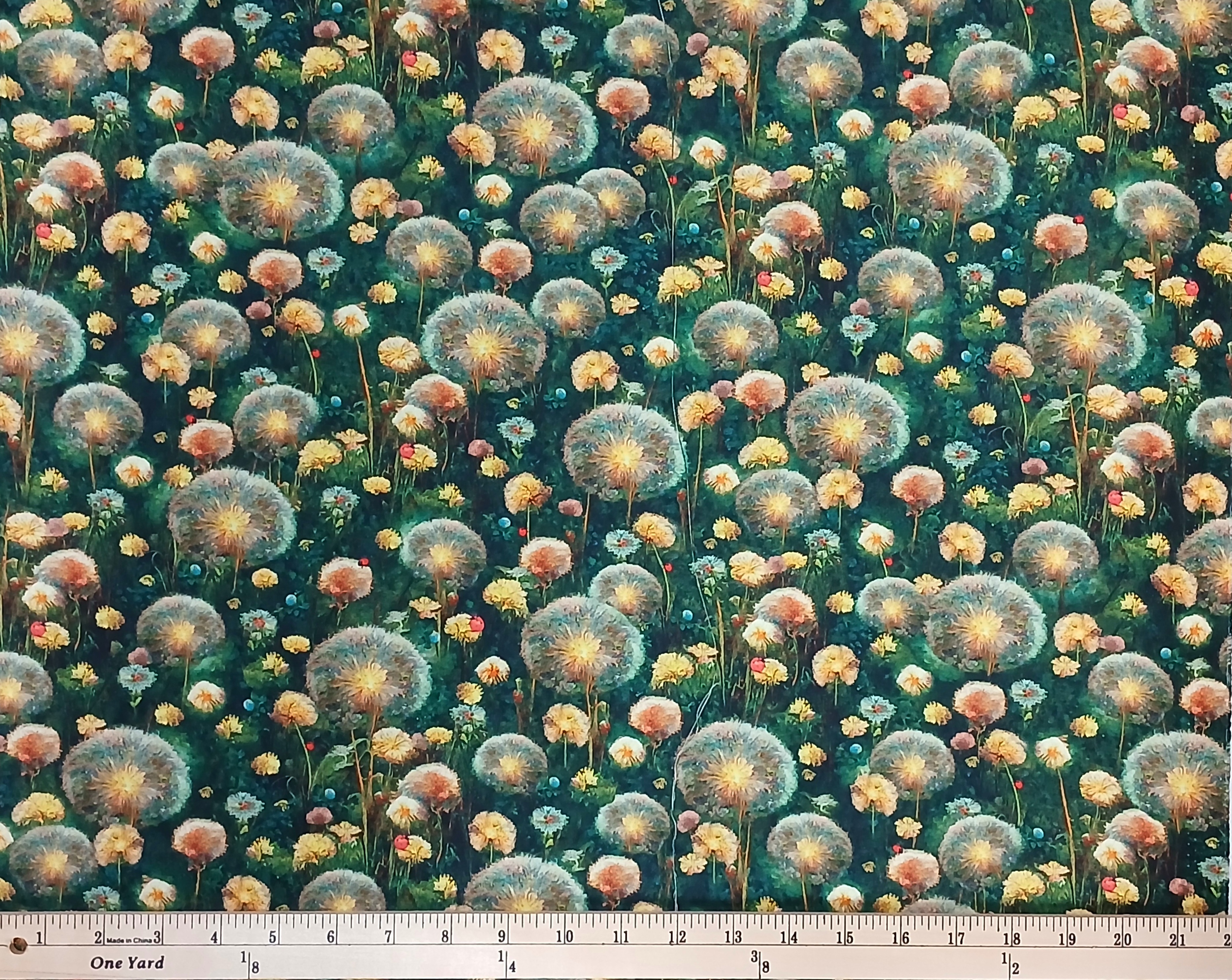 Cotton Night Fable Magic Dandelions Ladybug Flowers Garden Robert Kaufman Cotton Fabric Print by the Yard (ADND-23257-286-WILD)