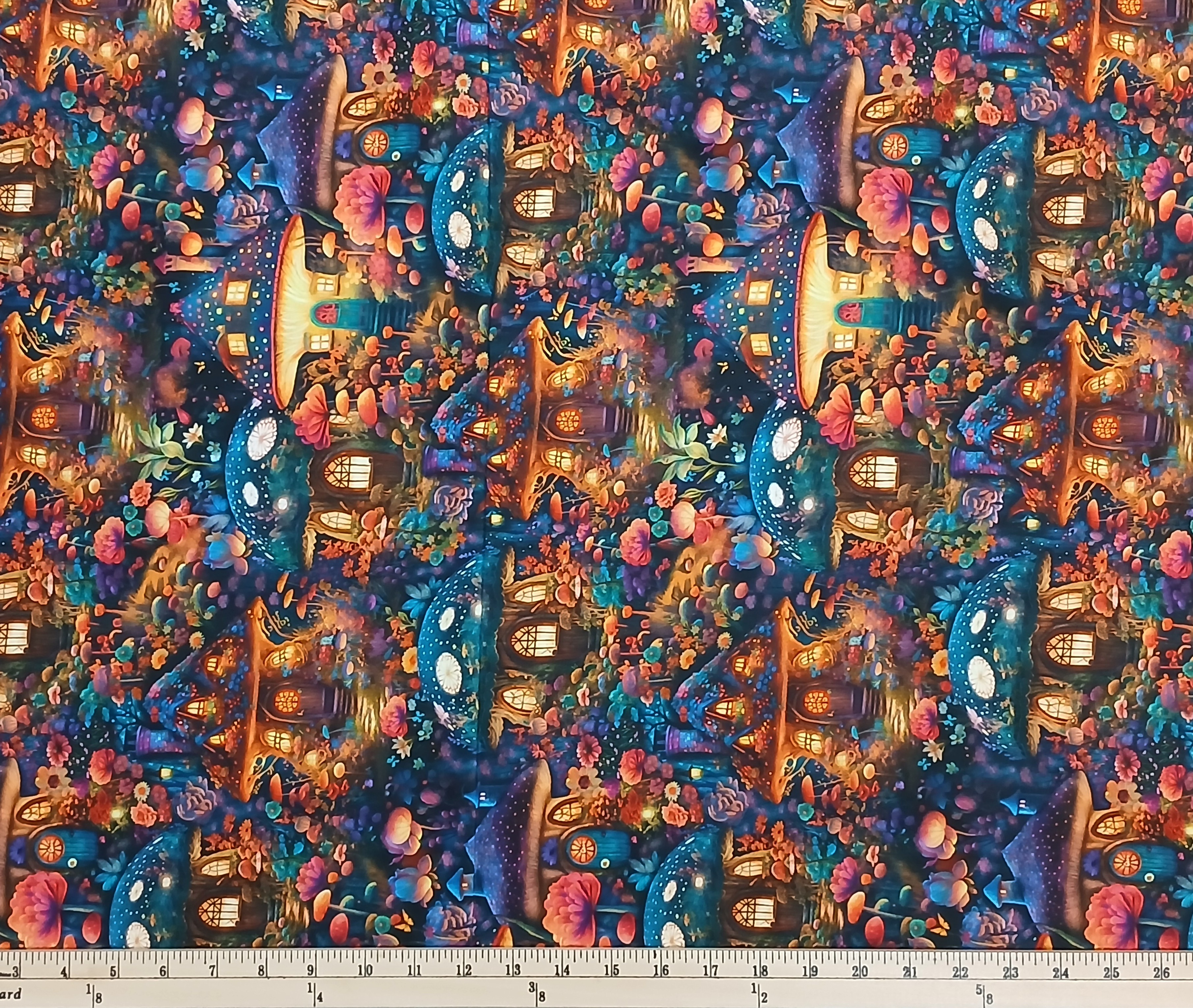 Cotton Night Fable Toadstool Village Mushrooms Flowers Fairy Garden Robert Kaufman Cotton Fabric Print by the Yard (ADND-23256-286-WILD)