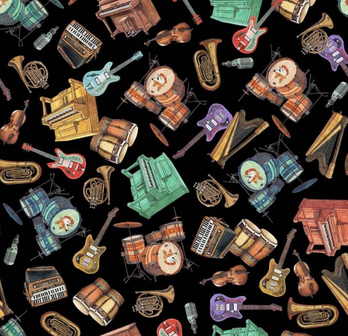 Cotton Jug Band Jamboree Band Instrument Piano Guitar Drums Harps Quilting Treasures Cotton Fabric Print by the Yard (2600-30523-J)