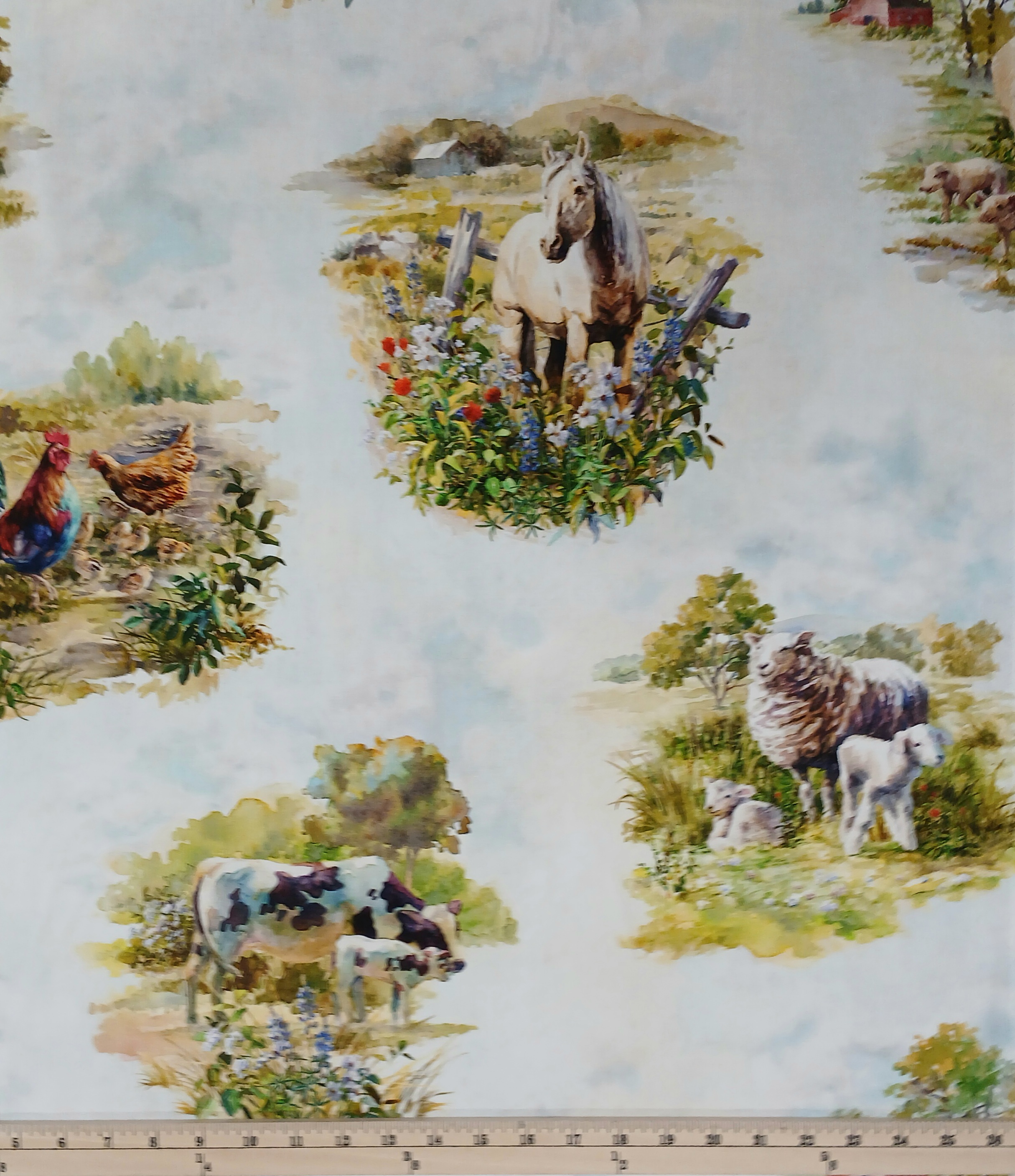 Cotton Homestead Memories Farm Animals Horses Sheep Flowers Field Hoffman California Fabrics Multicolor Cotton Fabric Print by the Yard (24969-725)