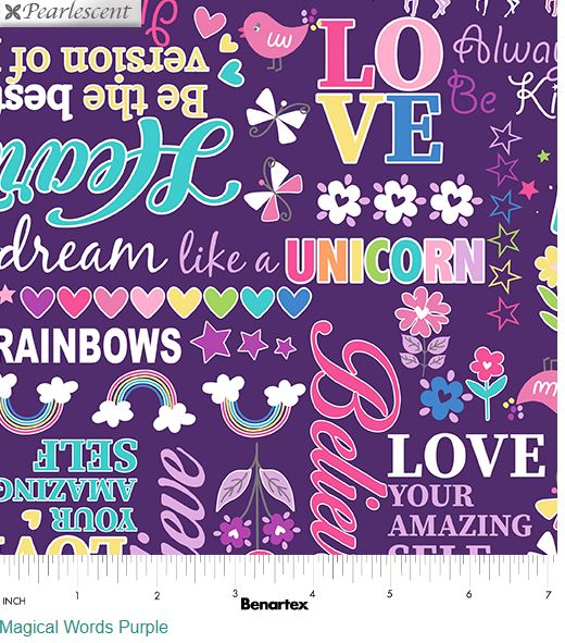 Cotton Unicorn Magic Magical Words Phrases Text Horns Rainbows Benartex Purple Cotton Fabric Print by the Yard (9804P-66)