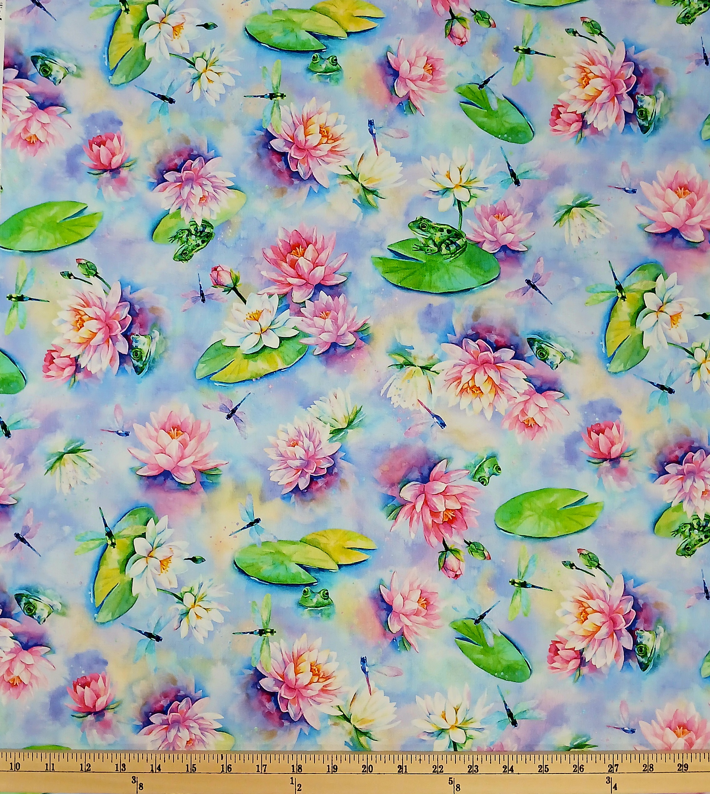 Cotton Wading with Water Lilies Flowers Florals Frogs Lily Pads Dragonflies Hoffman California Fabrics Cotton Fabric Print by the Yard (U5058-462)