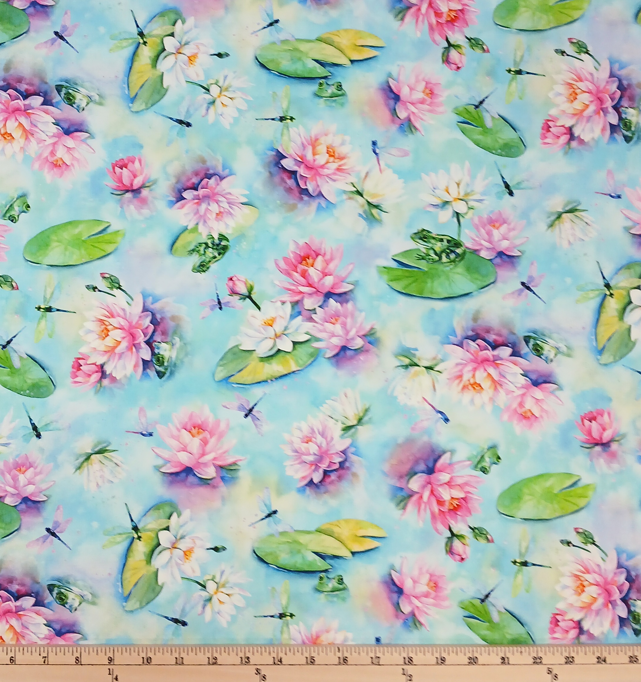Cotton Wading with Water Lilies Flowers Florals Frogs Lily Pads Dragonflies Hoffman California Fabrics Cotton Fabric Print by the Yard (U5058-352)