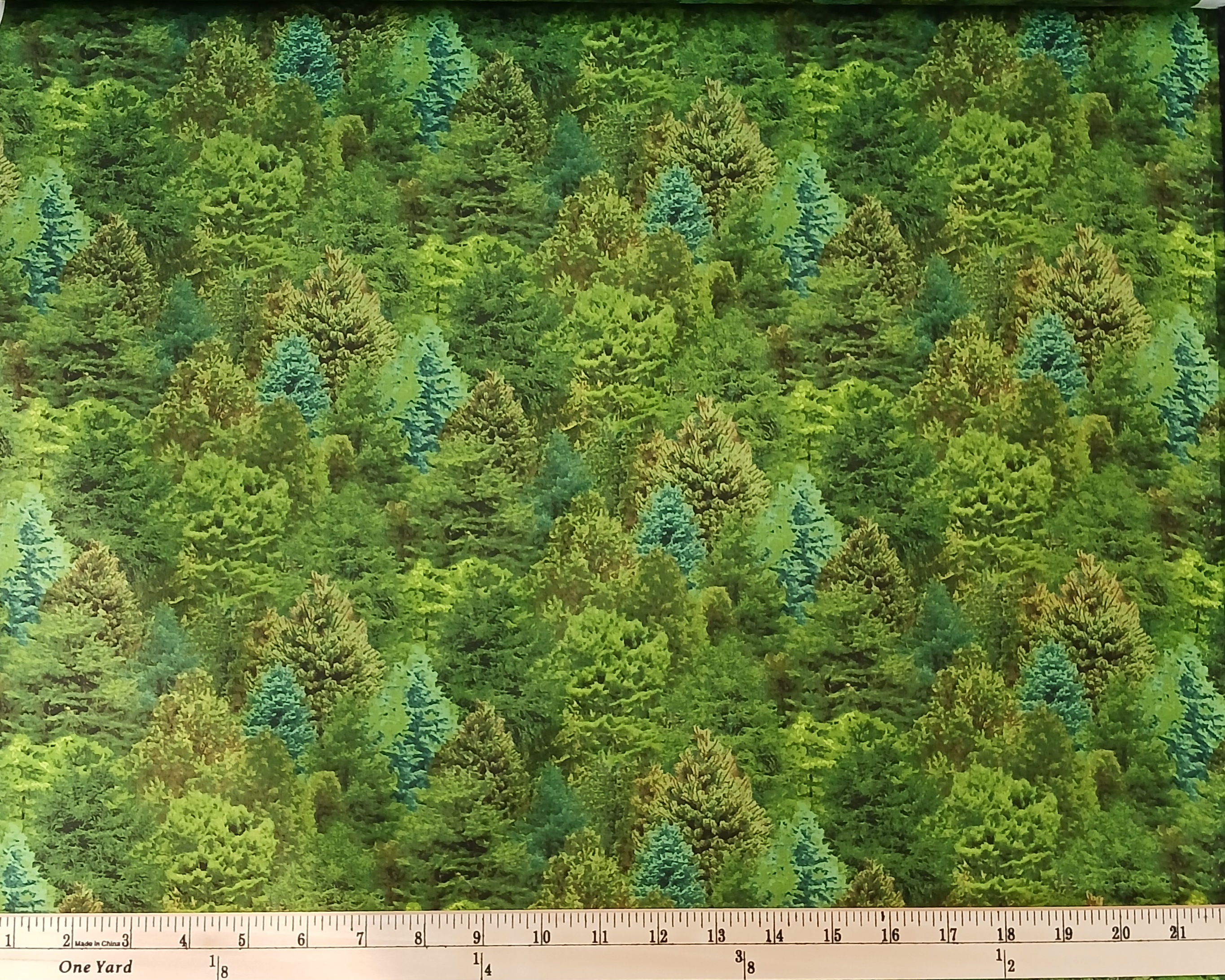 Cotton Landscape Medley Trees Pine Fir Nature Serene Woods Elizabeth Studios Cotton Fabric Print by the Yard (176GREEN)