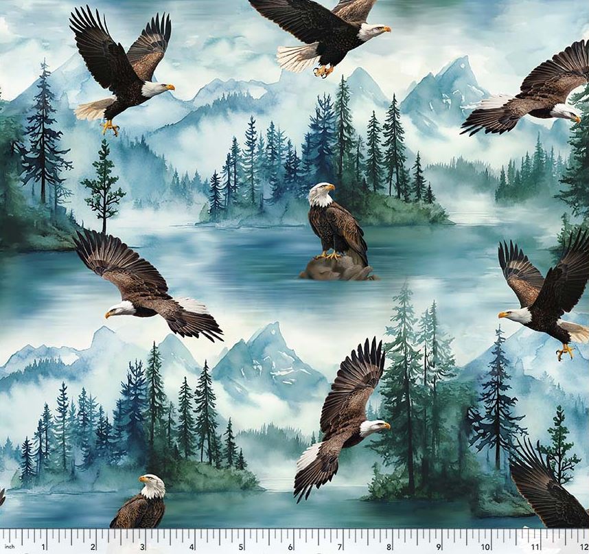 Cotton Wild Animals Bald Eagle Pine Trees Mountains Landscape Water Windham Fabrics Cotton Fabric Print by the Yard (55028D-1)