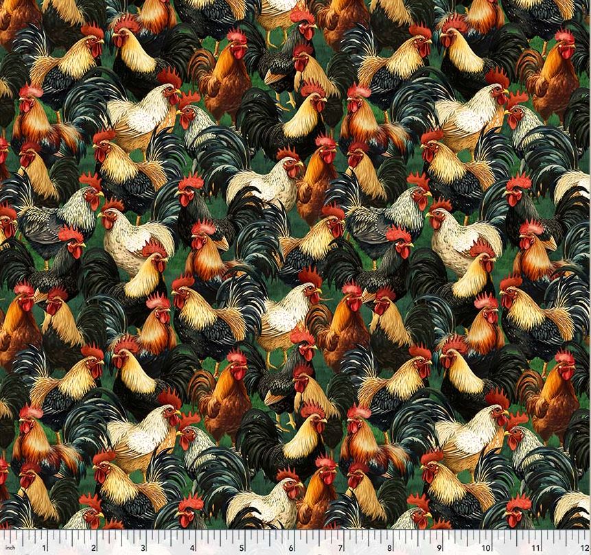 Cotton Wild Animals Chickens Roosters Feathers Farm Animals Birds on Green Windham Fabrics Cotton Fabric Print by the Yard (55027D-1)