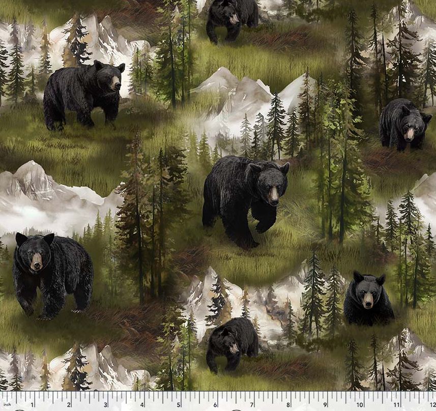 Cotton Wild Animals Black Bear Wildlife Mountains Trees Landscape Windham Fabrics Cotton Fabric Print by the Yard (55025D-1)
