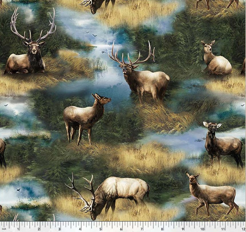 Cotton Wild Animals Elk Wildlife Landscape Grass Trees Windham Fabrics Cotton Fabric Print by the Yard (55035D-1)