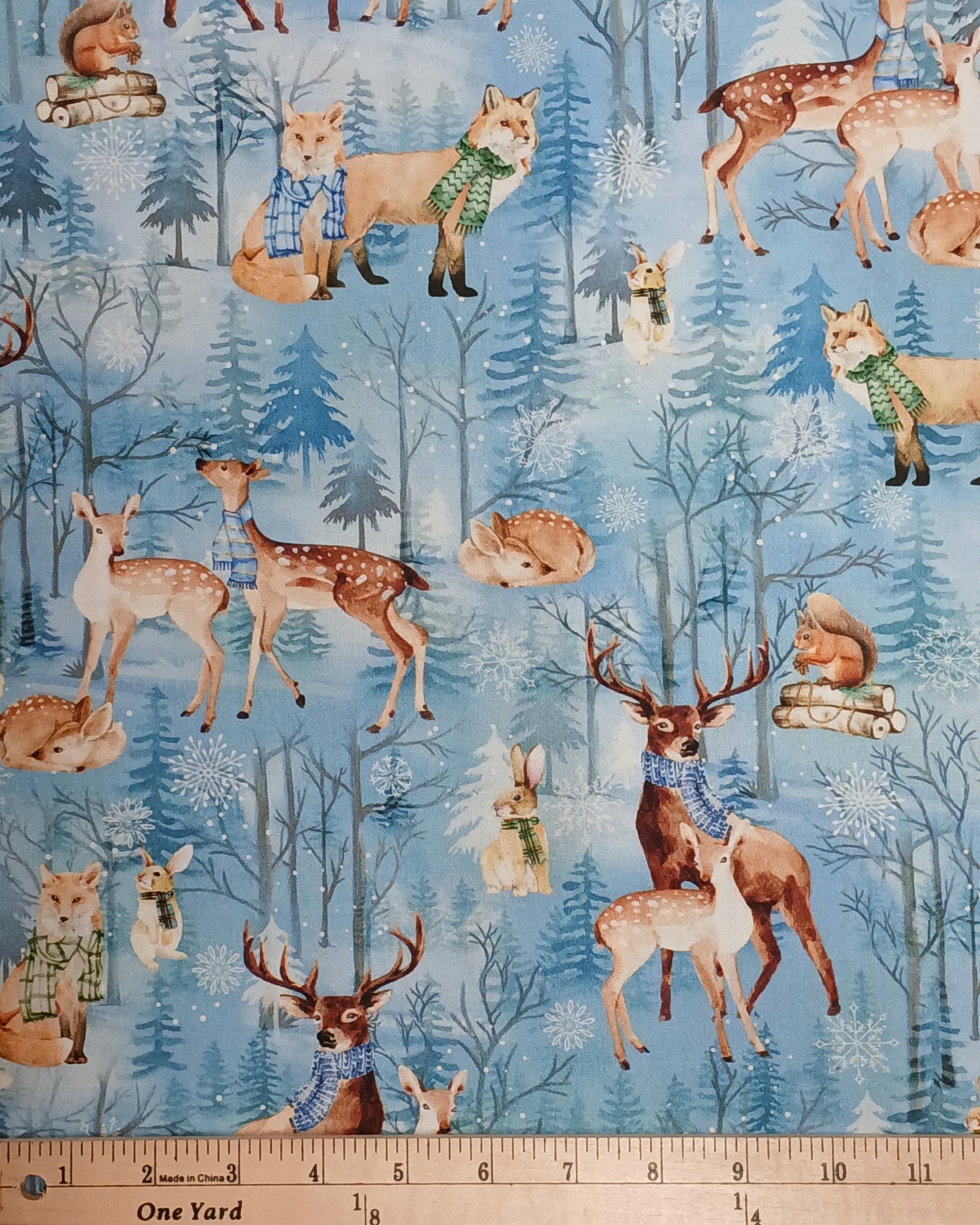 Cotton Woodland Wonderland Wildlife Snow Forest Deer Fox Squirrel Rabbit Benartex Cotton Fabric Print by the Yard (14987-54)