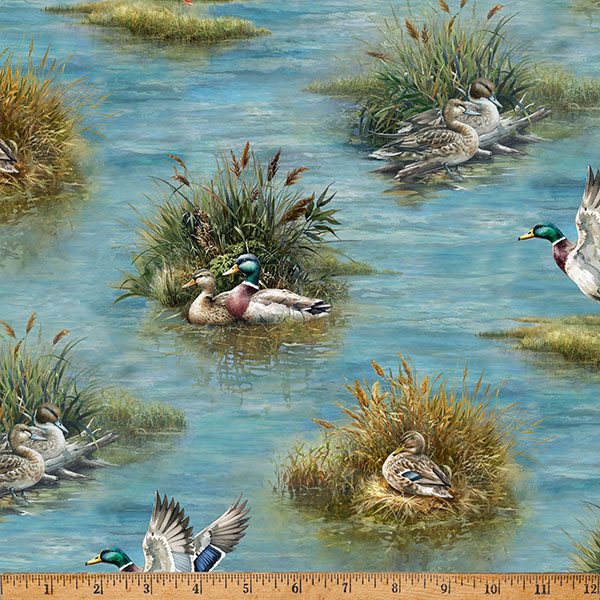 Cotton Lakeside Echo Ducks Mallard Cattails Wildlife Hoffman California Fabrics Cotton Fabric Print by the Yard (X5665-311-LAKE)