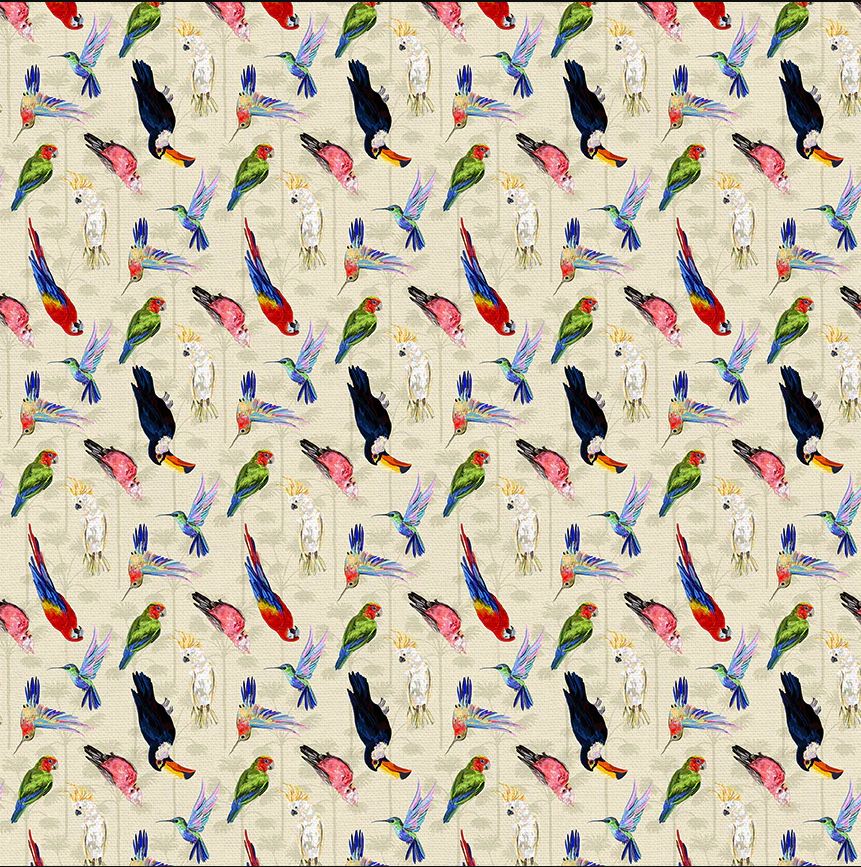 Cotton Into the Wild Birds Macaws Hummingbirds Toucans Allover Paintbrush Studio Cream Cotton Fabric Print by the Yard (120-25949)