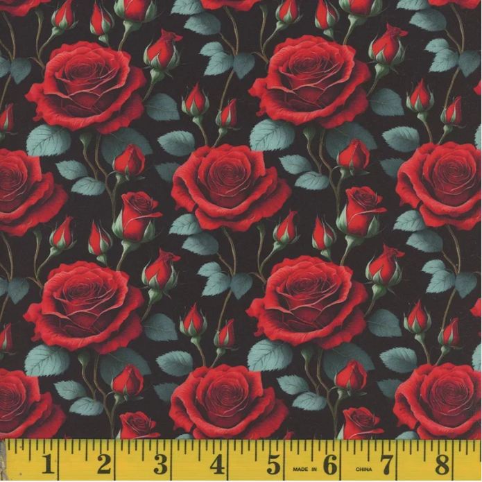 Cotton Rose Red Black Roses Flowers Floral on Black Fields Fabrics Cotton Fabric Print by the Yard (141126)