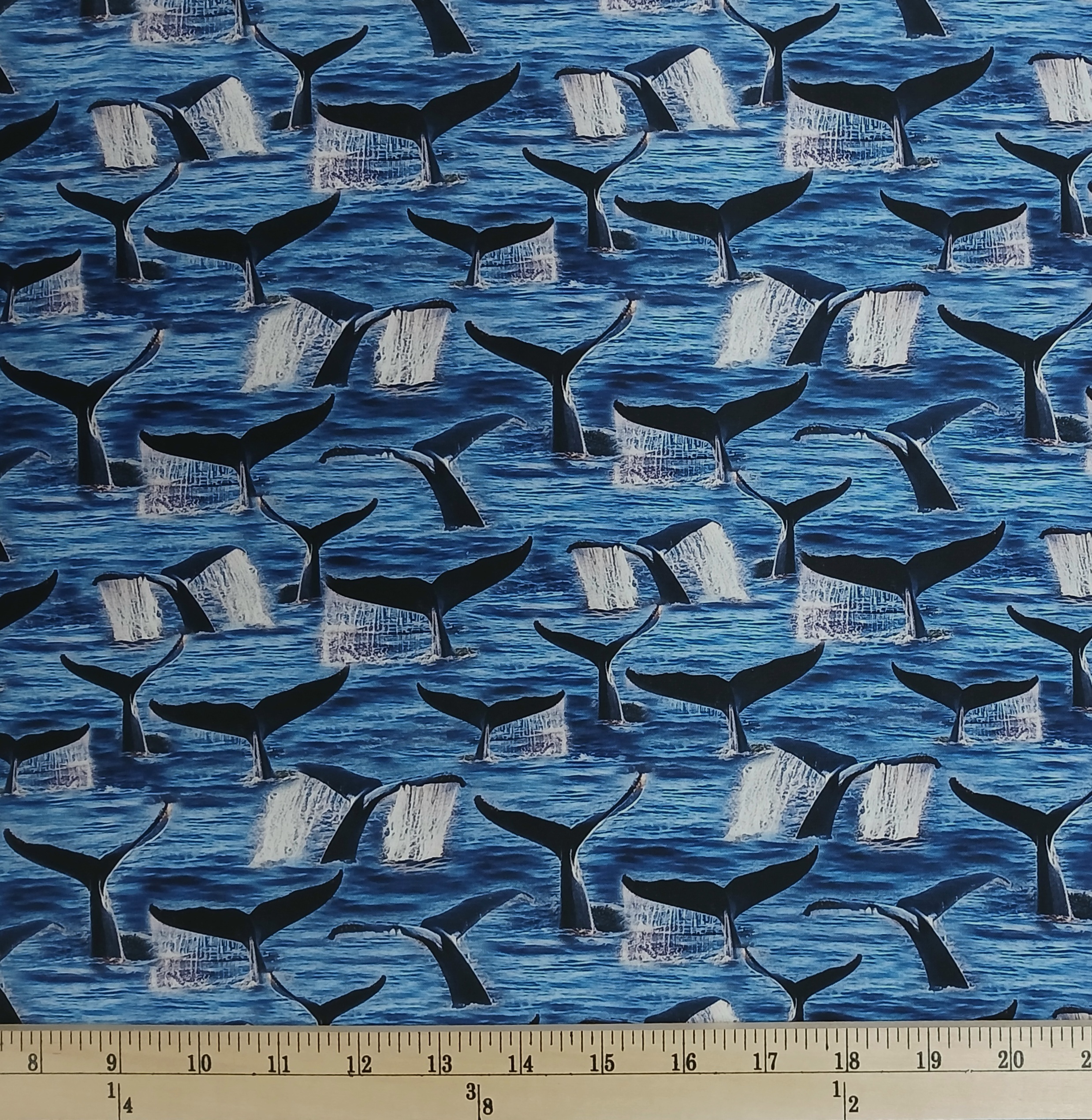 Cotton Whale Tail All Over Whales Water Ocean Tails on Blue Fields Fabrics Cotton Fabric Print by the Yard (13689)