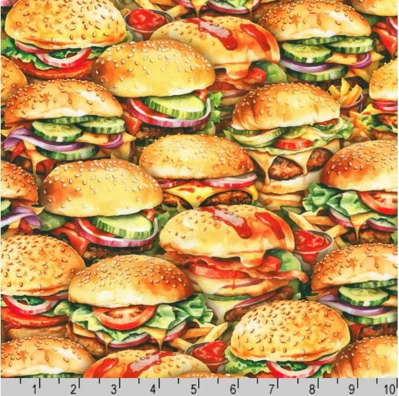 Cotton Yummy Bites Hamburgers Cheeseburgers Buns Food Robert Kaufman Cotton Fabric Print by the Yard (SRKD-23295-203)