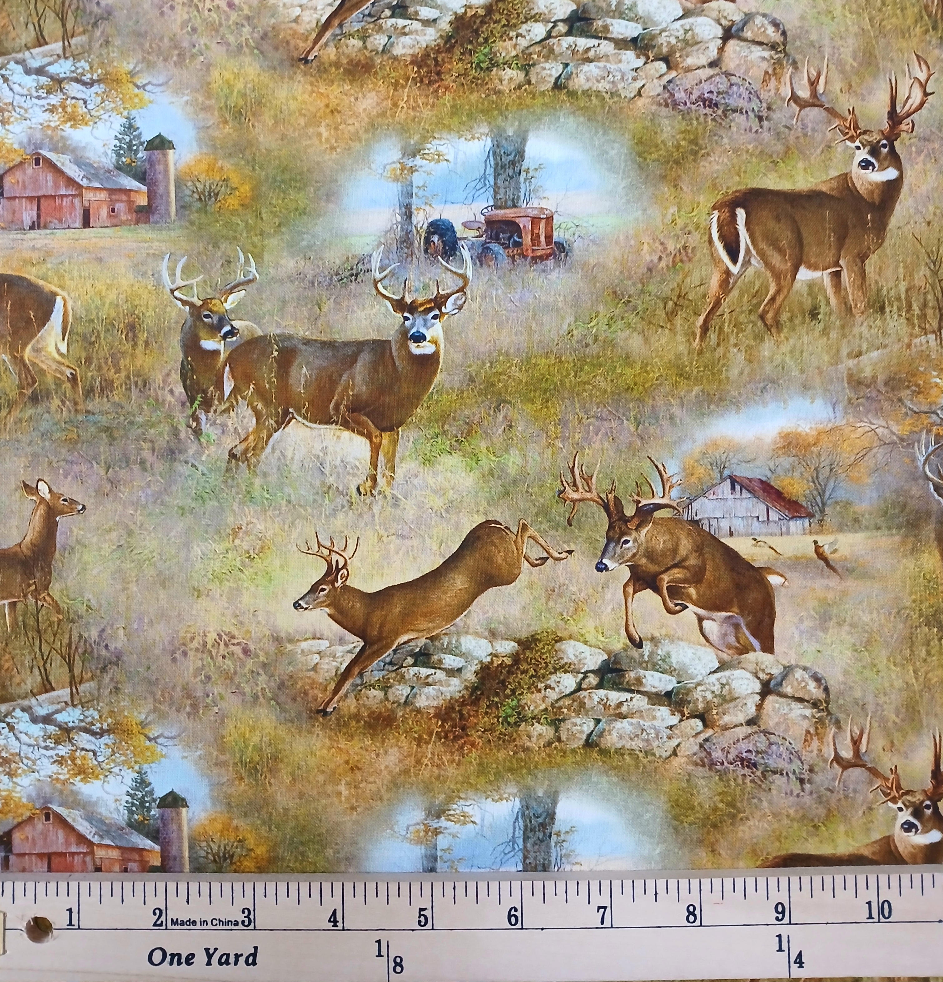 Cotton No Boundaries Whitetail Deer Scenic Bucks Wildlife Woodland Barns Elizabeth Studios Cotton Fabric Print by the Yard (44004GOLD)