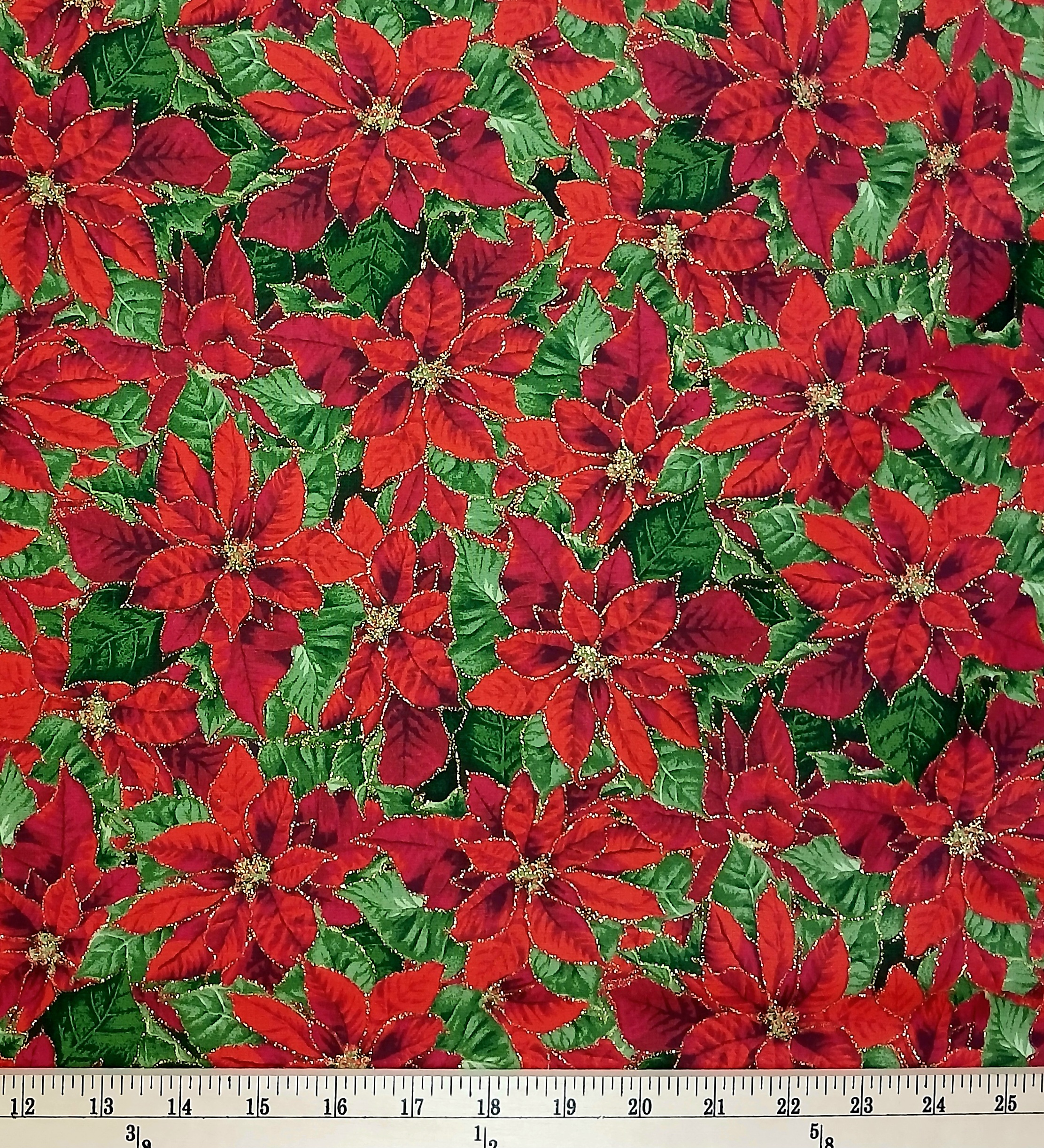 Cotton Christmas Poinsettia Flowers All Over Gold Metallic Glitter Fields Fabrics Cotton Fabric Print by the Yard (10608109)