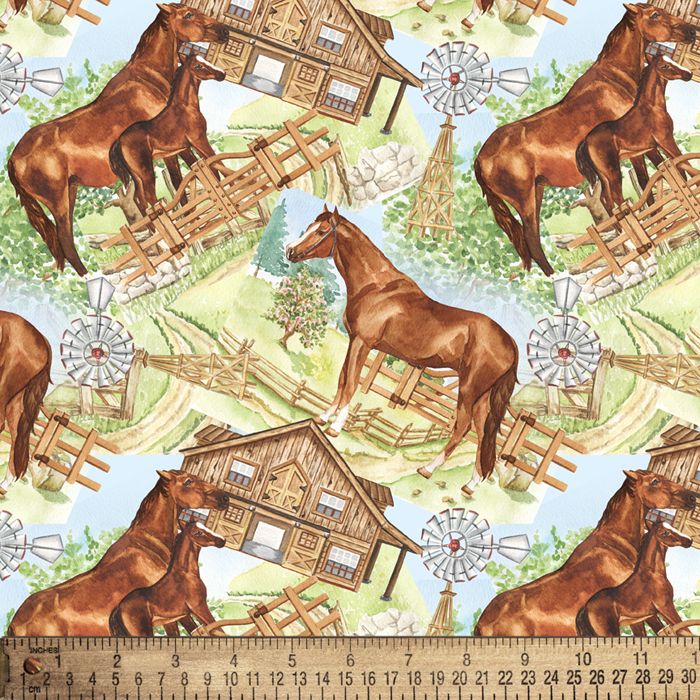 Cotton Farm Horse Horses Farms Barns Fences Windmills David Textiles Multicolor Cotton Fabric Print by the Yard (DX-4070-4C)