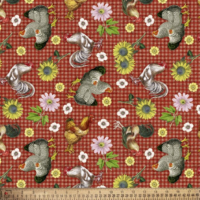Cotton Farmhouse Gingham Chickens Roosters Flowers Floral on Checks David Textiles Red Cotton Fabric Print by the Yard (DX-1777-4C)