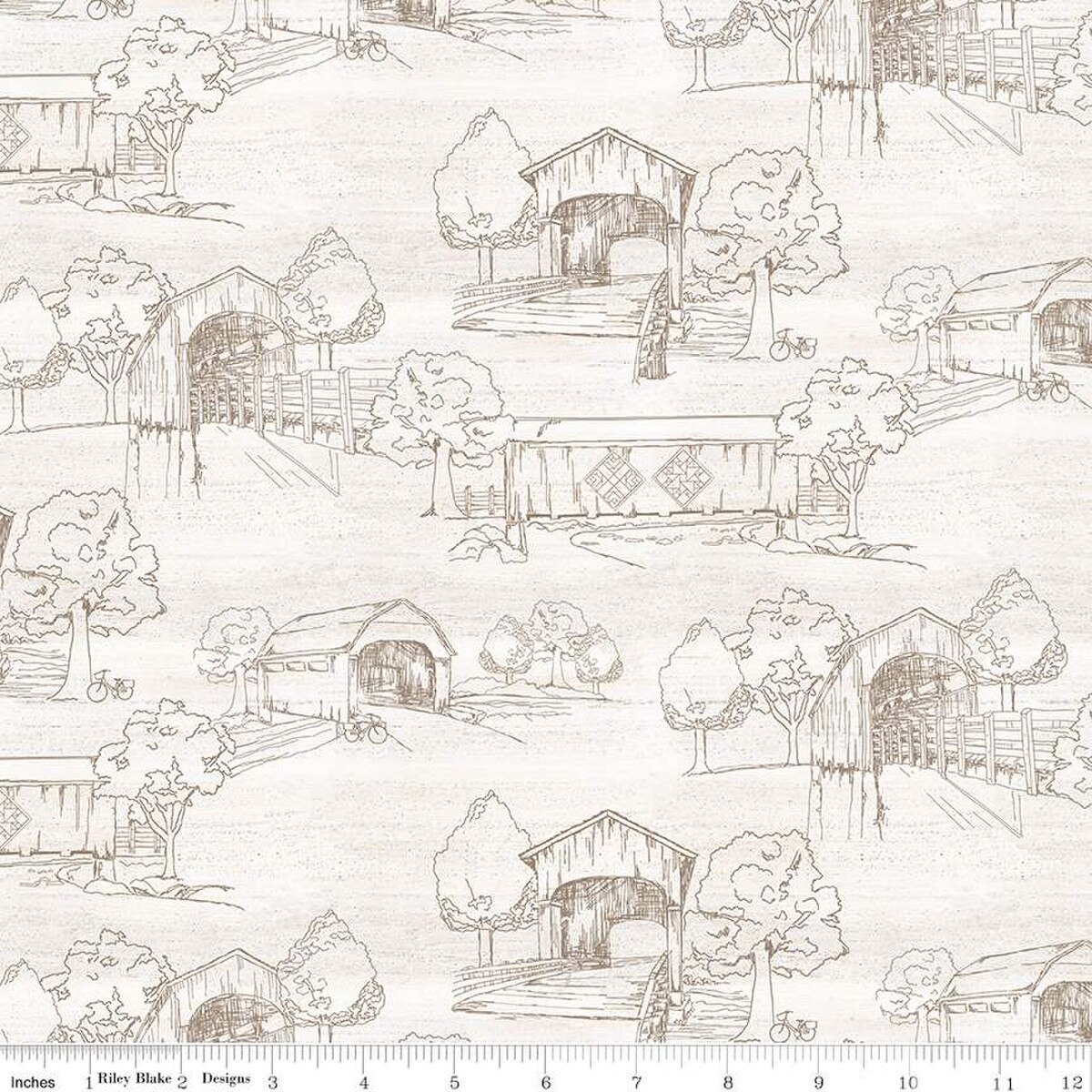 Cotton Covered Bridges in Spring Trees Art Sketches Riley Blake White Cotton Fabric Print by the Yard (C15821-WHITE)