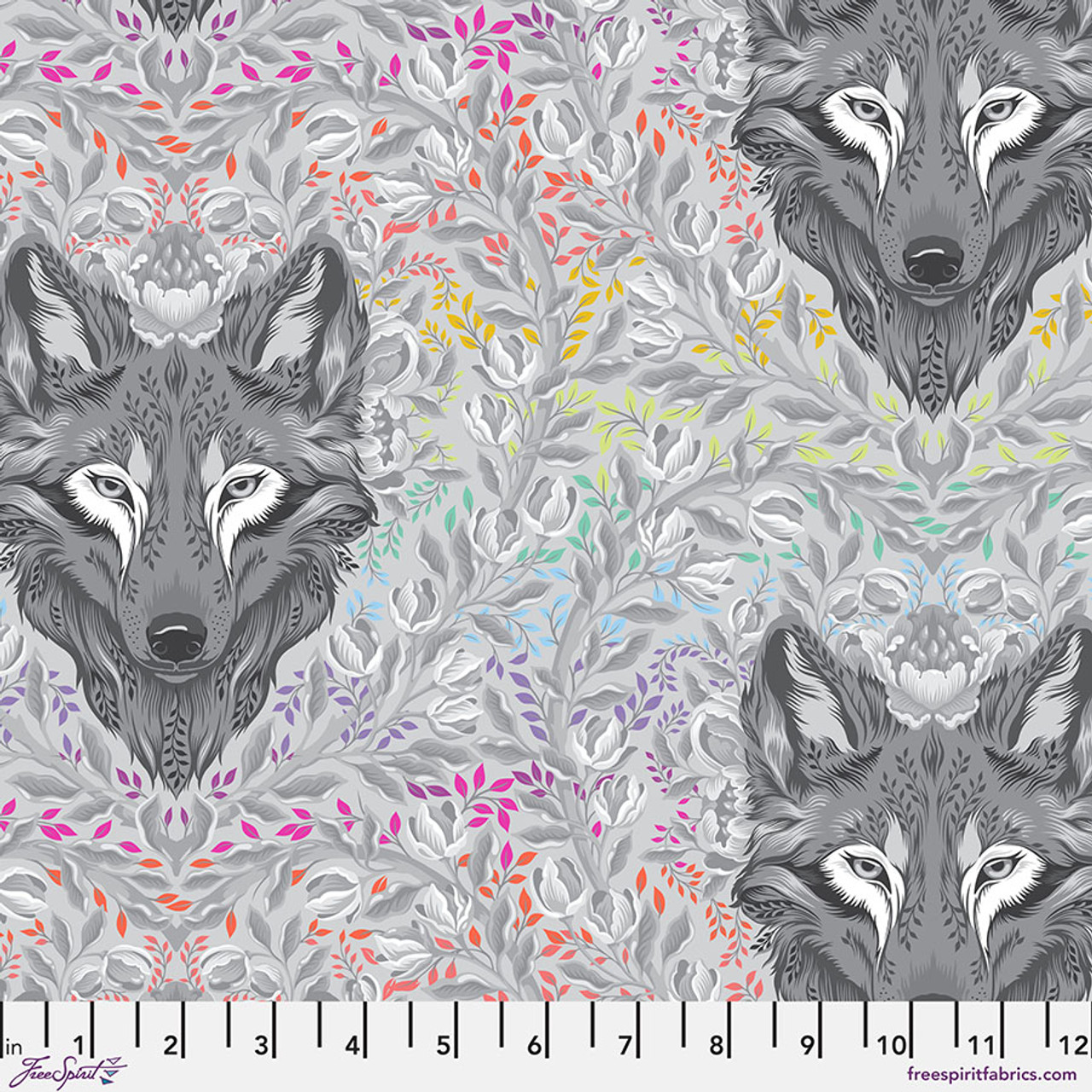 Cotton Graywork Wolf on Pink Street Wolves on Light Gray Rainbow Leaves Free Spirit Fog Cotton Fabric Print by the Yard (PWTP256-FOG)