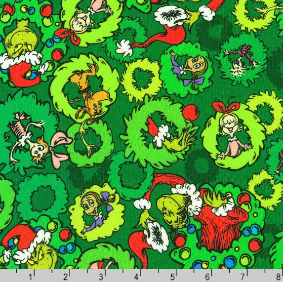 Cotton How the Grinch Stole Christmas Wreaths Characters Officially Licensed by Dr. Seuss Enterprises Robert Kaufman Pine Cotton Fabric Print by the Yard (ADED-22566-274PINE)