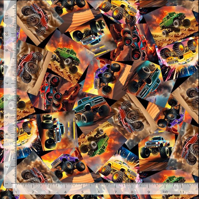 Cotton Monster Trucks Rally Dirt Scenes Vehicles Timeless Treasures Cotton Fabric Print by the Yard (MICHAEL-CD39948)