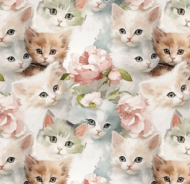 Cotton Shabby Chic Cats Kittens Cats Kitties Flowers Watercolor Look David Textiles Cotton Fabric Print by the Yard (DX-6328-5C)