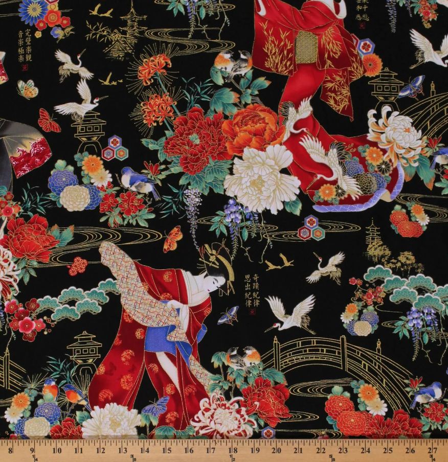 Cotton Geishas in Garden Allover Metallic Multi Color Black Timeless Treasures Cotton Fabric Print by the Yard (KOKO-CM7873-MULTI)