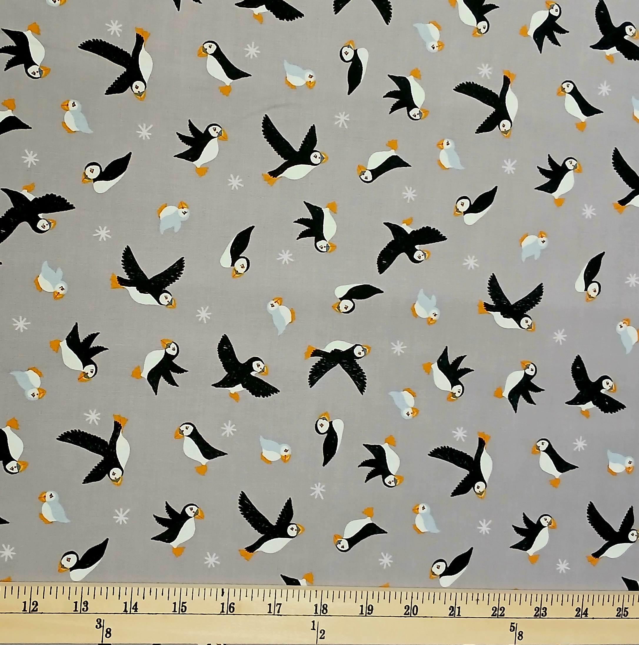 Cotton Puffin Bay Puffins Birds Snowflakes Allover on Gray Lewis & Irene Cotton Fabric Print by the Yard (A688-3)