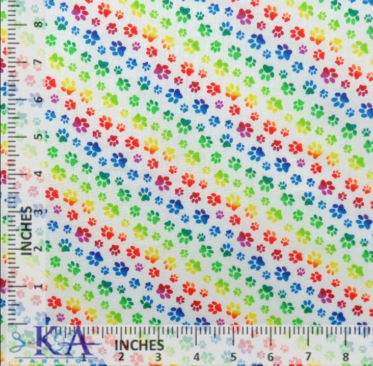 Cotton Rainbow Collection Pawprints Dogs Puppies Pets on White Elizabeth Studios Cotton Fabric Print by the Yard (660WHITE)