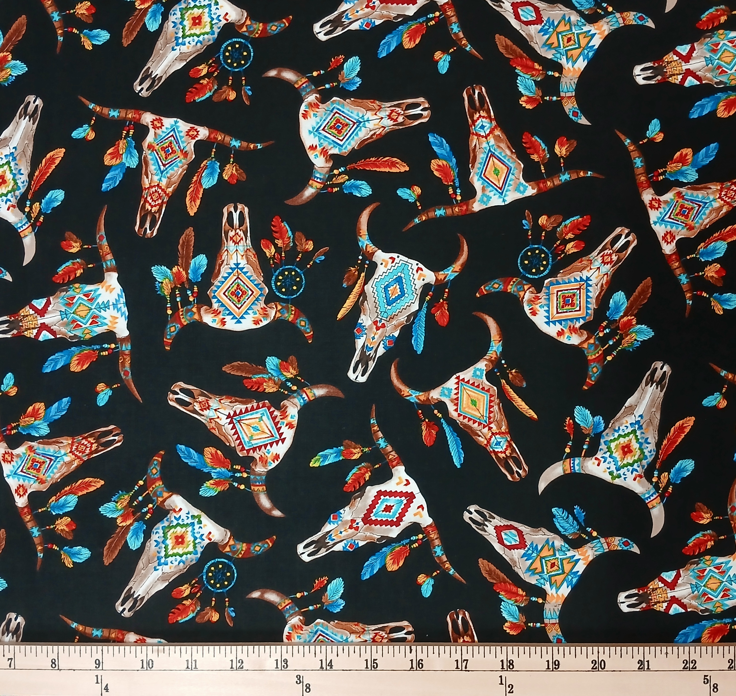 Cotton Southwest Cow Skulls Horns Feathers Patterns Allover on Black Timeless Treasures Cotton Fabric Print by the Yard (C2430)