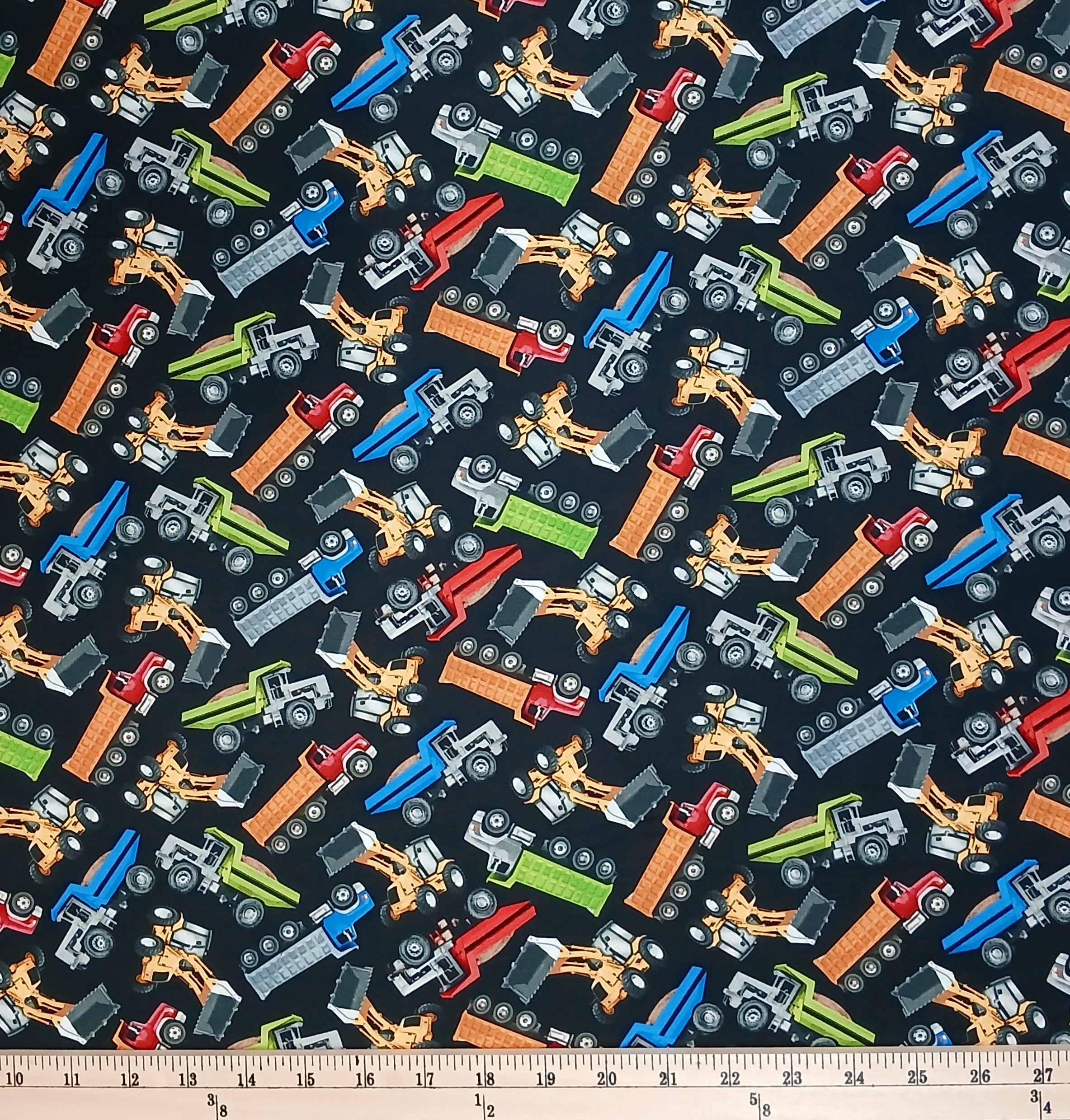 Cotton Tossed Construction Trucks Kids Machines Vehicles Dump Trucks on Black Timeless Treasures Cotton Fabric Print by the Yard (KIDZ-CD3829)