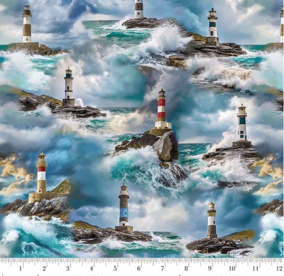 Cotton Coastal Guardians Lighthouse Ocean Waves Beach Rocks Nautical Henry Glass Cotton Fabric Print by the Yard (2190-71)