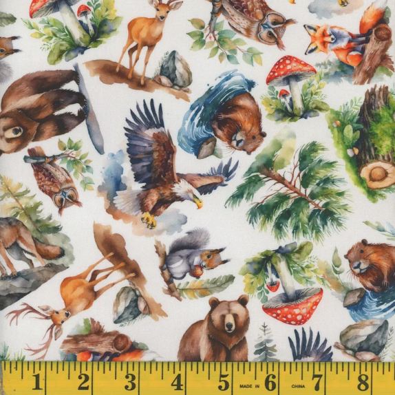 Cotton Timberland Tales Woodland Animals Trees Bears Foxes Mook Fabrics Cotton Fabric Print by the Yard (141718)