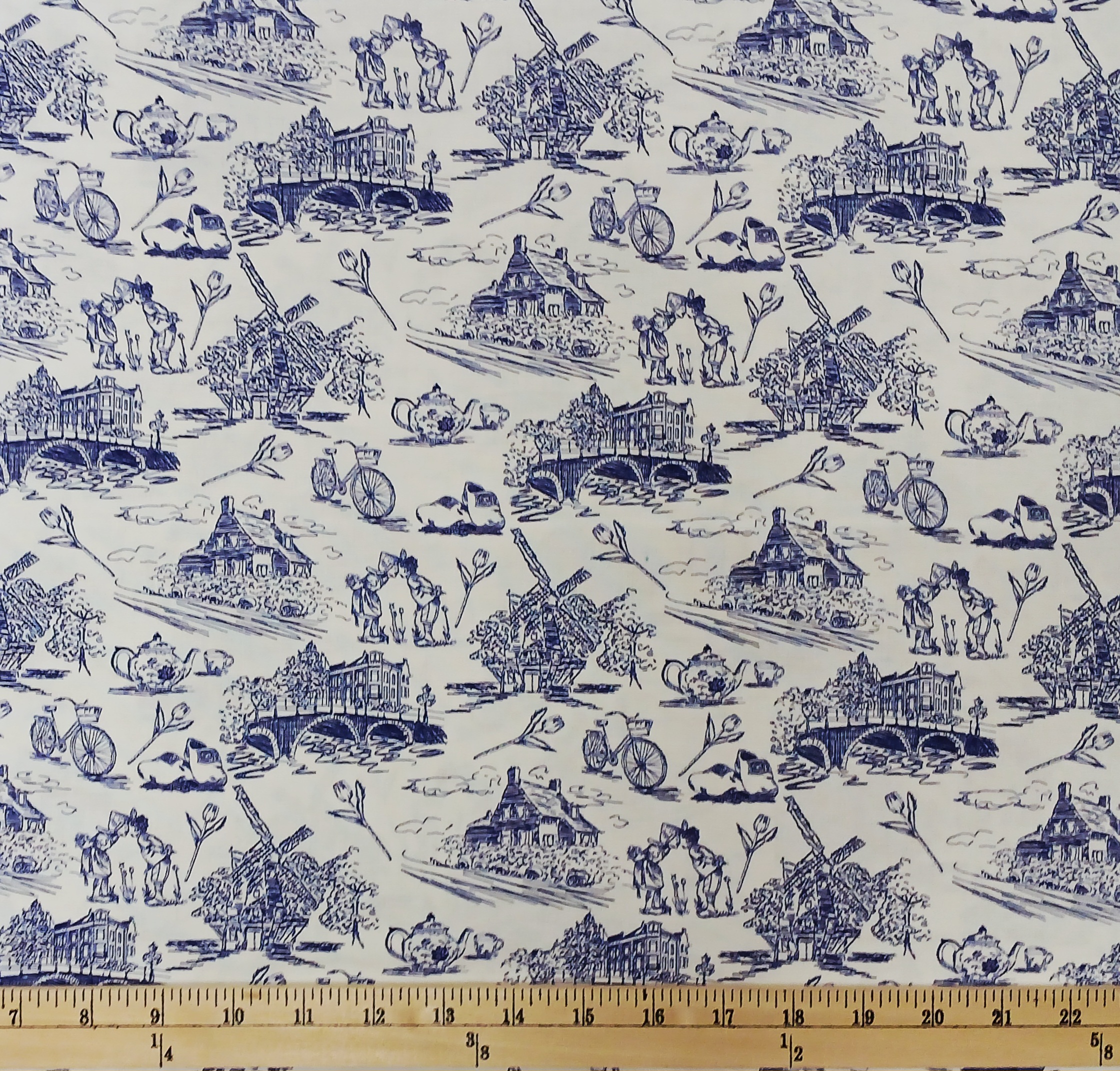 Cotton Dutch Toile Delft-look Ceramics Sketches Blue and White Mook Fabrics Cotton Fabric Print by the Yard (141489)