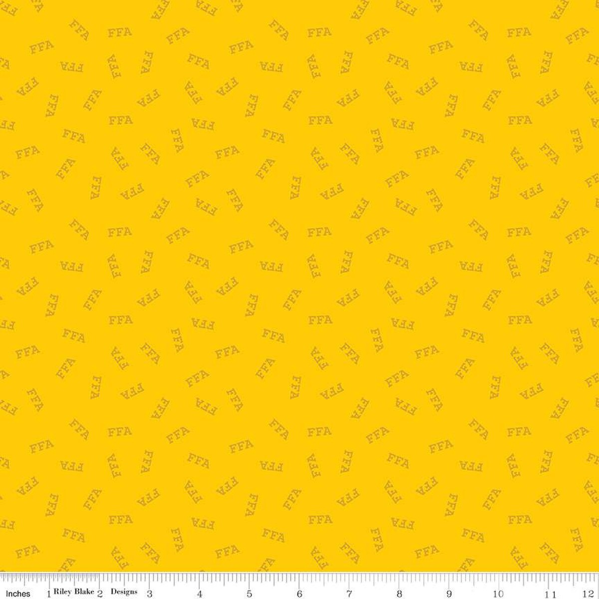 Cotton FFA Forever Blue 2 Farming Logos Brown on Yellow Officially Licensed by Riley Blake Cotton Fabric Print by the Yard (C15853-YELLOW)